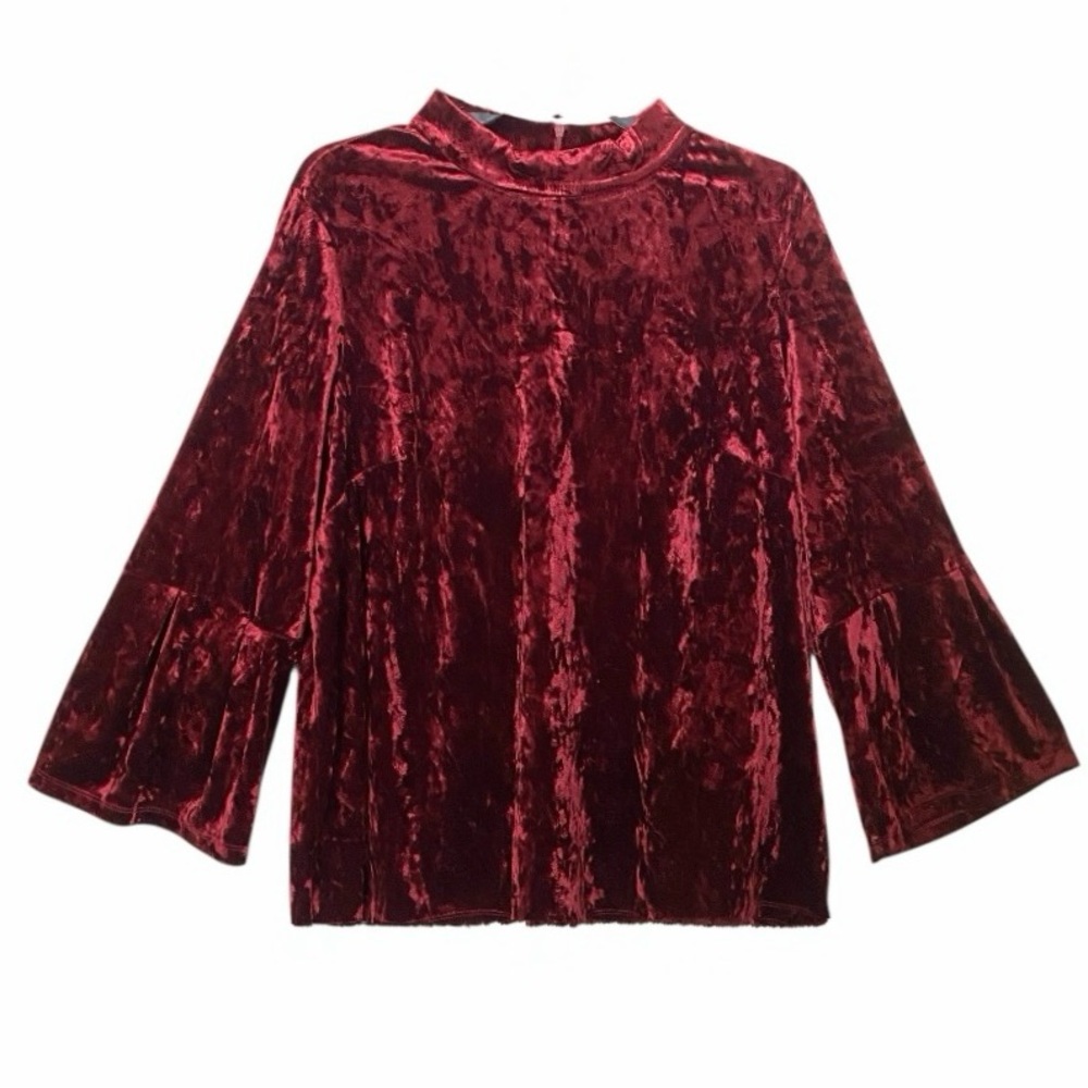 Ellos Crushed Velvet Bell Sleeve Top Red Wine Size 18/20 Stretch Mock Neck Y2K